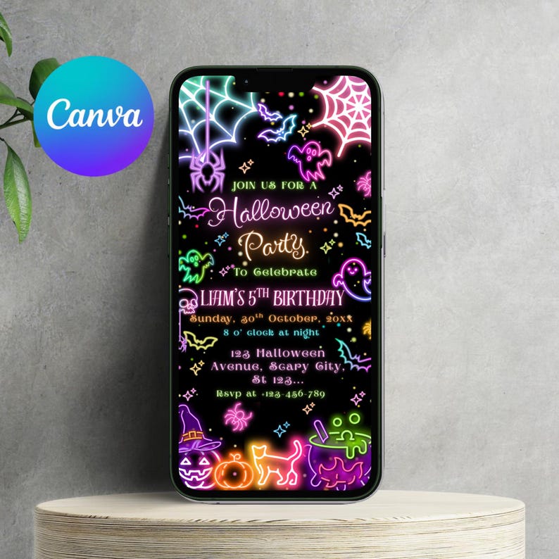 May include: A smartphone displays a Halloween party invitation. The invitation features neon-style graphics of bats, ghosts, spiders, and a cauldron. Text includes "Join us for a Halloween Party" and details for Liam's 5th birthday.
