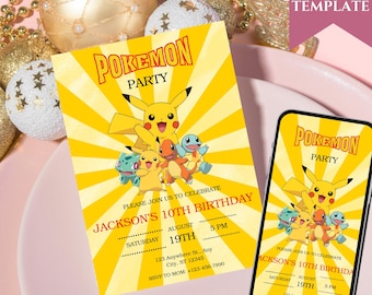 Editable Pikachu Birthday Invitation, Pokemone Birthday Invitation, Printable Birthday Invitation, Template Printable Party Invite
