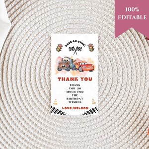 May include: A rectangular thank you card featuring the text "THANK YOU" and "RACE ON OVER!". The card has illustrations of two cartoon cars and checkered flags. The text "THANK YOU" is in red, and the card is labeled "100% EDITABLE".