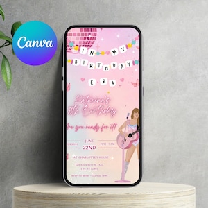 May include: Pink and white birthday invitation with a disco ball, butterflies, and a cartoon singer holding a guitar. The text reads "In My Birthday Era" and "L'aterina's 8th Birthday. Are you ready for it?" with the date and time of the party.