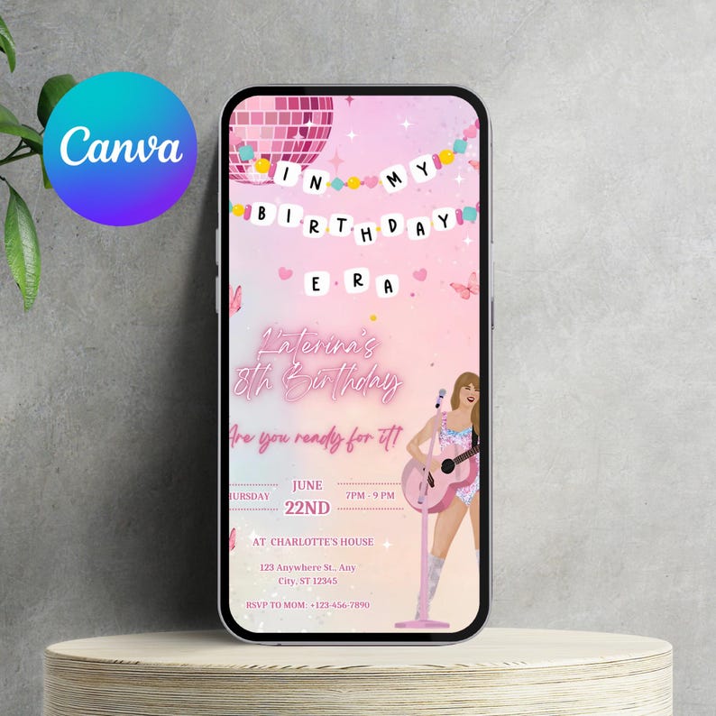 May include: Pink and white birthday invitation with a disco ball, butterflies, and a cartoon singer holding a guitar. The text reads "In My Birthday Era" and "L'aterina's 8th Birthday. Are you ready for it?" with the date and time of the party.