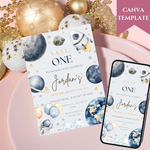 May include: A space-themed birthday invitation with a rocket ship, planets, and balloons. The invitation reads "ONE" and "First Trip Around the Sun." A smartphone displays the same invitation design.