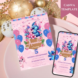 Sjabloon bewerkbare steek verjaardagsfeestje uitnodiging, cartoon verjaardagsuitnodiging, Stitch verjaardagsuitnodiging zwembadfeest, Stitch verjaardagsfeestje