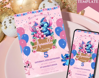 Modello modificabile per invito alla festa di compleanno a tema Stitch, invito di compleanno a tema cartone animato, invito alla festa di compleanno in piscina a tema Stitch, invito di compleanno a tema Stitch