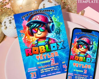 Editable Roblox Birthday Invitation, Gaming Party (Canva Template, Instant Download)