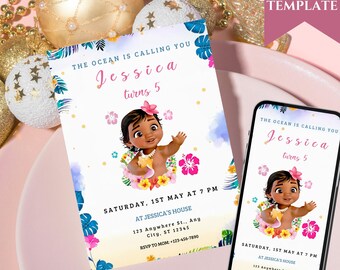 Editable Baby Moana Birthday Invitation | Kids Theme Party Invitation Template | Digital Hawaiian Moana Birthday Invite | Instant Download