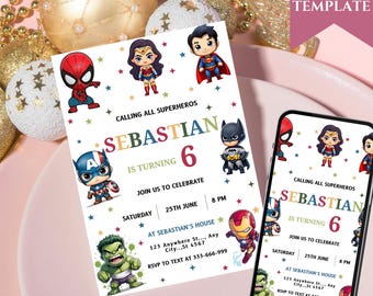 Modello di invito di compleanno per supereroi modificabile Modello di invito per festa di compleanno stampabile Modello di invito per festa per bambini Biglietto di compleanno per supereroi