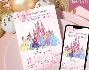 Princess Birthday Invitation, Gold and Pink, Editable (Digital)