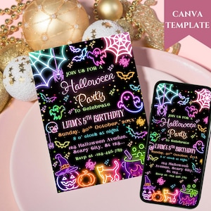 May include: A Halloween party invitation and a smartphone displaying the same design. The invitation and phone screen feature neon-style illustrations of bats, spiders, ghosts, and pumpkins on a black background. Text reads "Join us for a Halloween Party" and details for a birthday.