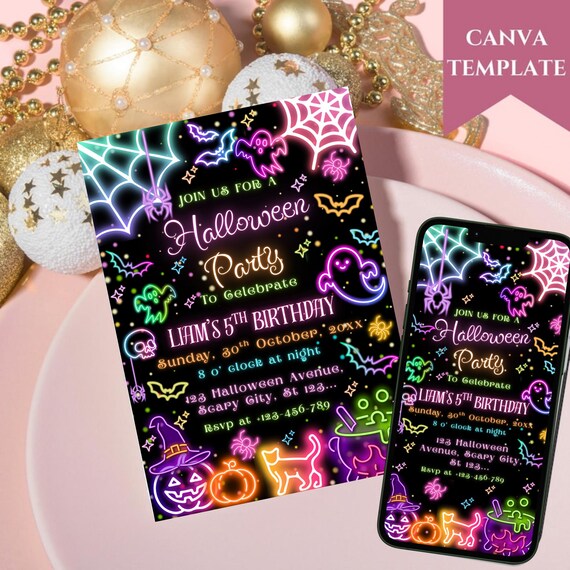 Editable Neon Halloween Birthday Invitation, Spooky Party Invite (Digital Download)