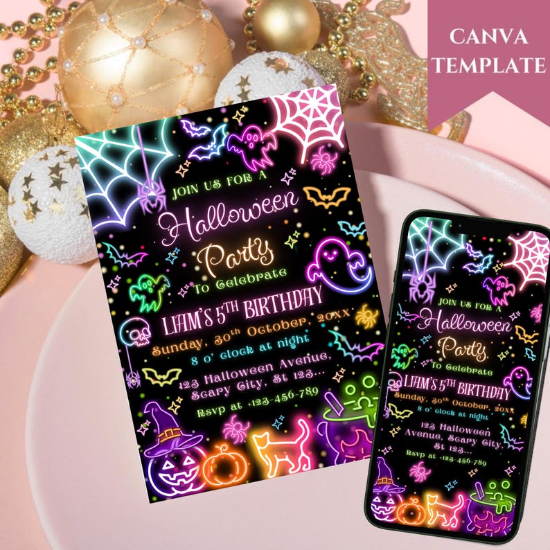 May include: A Halloween party invitation and a smartphone displaying the same design. The invitation and phone screen feature neon-style illustrations of bats, spiders, ghosts, and pumpkins on a black background. Text reads "Join us for a Halloween Party" and details for a birthday.