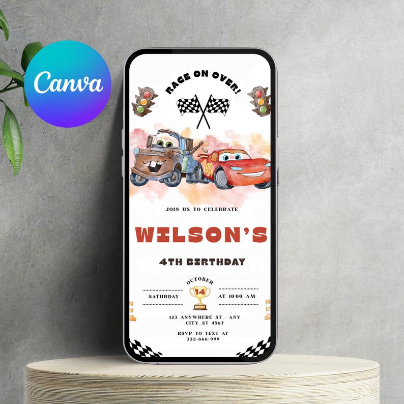 May include: A digital invitation for a 4th birthday party, featuring cartoon cars and the text "RACE ON OVER!" and "WILSON'S 4TH BIRTHDAY." The design includes checkered flags, traffic lights, and event details.