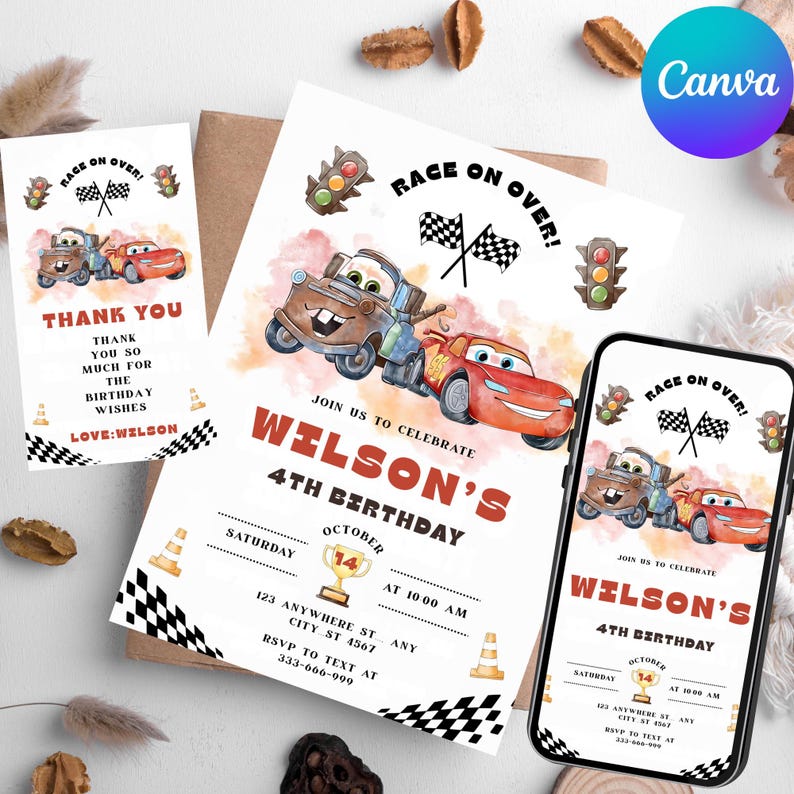 May include: Birthday party invitation and thank you card set featuring cartoon cars, checkered flags, and traffic lights. The invitation reads "Wilson's 4th Birthday" with event details. The thank you card says "Thank you so much for the birthday wishes."