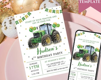 Bearbeitbare grüne Traktor-Geburtstagseinladung (Digitaler Download)