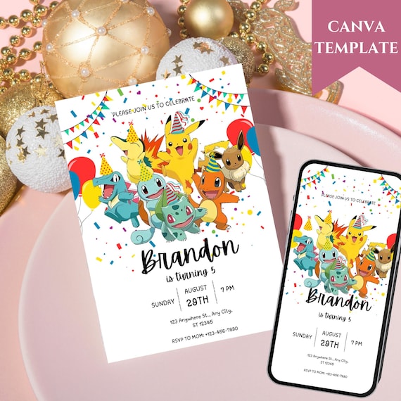Editable Pokémon Birthday Invitation Template – Customizable Party Invite for Kids – Instant Download for Canva – Fun & Playful Design