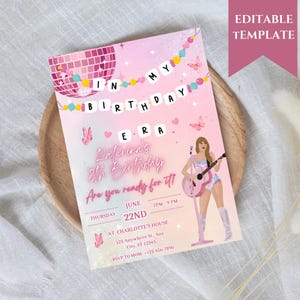 May include: Pink and white birthday party invitation with a disco ball, butterflies, and a girl holding a guitar. The text reads "In My Birthday Era" and "Interina's 8th Birthday".