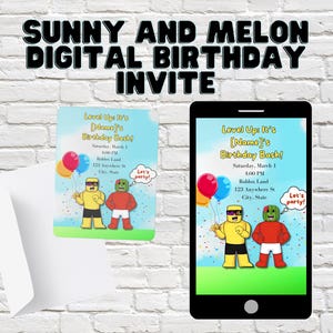 Puede incluir: Dos invitaciones digitales para un cumpleaños llamado "Level Up: ¡Es el Birthday Bash de [Name]!" Las invitaciones presentan un fondo azul y verde con personajes de dibujos animados, globos y el texto "Let's party!"