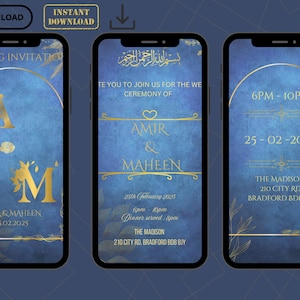 Faire-part de mariage numérique, téléchargement immédiat, invitation Nikah/Walima/Baraat saphir/bleu et or élégant, carte islamique Walima.