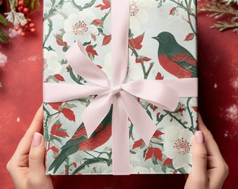 Presentpapper - Vintageinspirerat sömlöst mönster med festliga fåglar och lövverk, perfekt för julklappsinslagning, rapphönsdesign,
