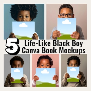 Paket med mockups för Black Boy-böcker, Canva Square Kids-mall, sälj din barnberättelse eller e-bok, olika modeller, verktyg för författare och illustratör