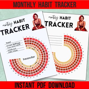 May include: A printable monthly habit tracker with a red, orange, and yellow color scheme. The tracker has a circle divided into 31 sections, each representing a day of the month. The tracker includes a list of habits to track, such as "Read", "10 pm bedtime", "Two-mile walk", "Work out", and "Call Mom". The text "December" is written in the center of the circle. The text "INSTANT PDF DOWNLOAD" is written at the bottom of the page.