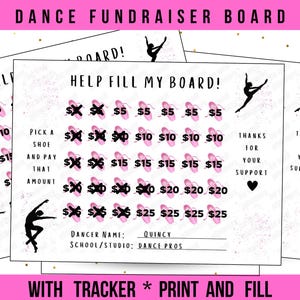 Puede incluir: Un tablero de recaudación de fondos para danza imprimible con gráficos de zapatillas de ballet rosas. El tablero tiene una cuadrícula de 25 espacios con cantidades en dólares de $ 5 a $ 25. El texto "Help Fill My Board!" está en la parte superior del tablero. El texto "Gracias por su apoyo" está en la parte inferior del tablero.