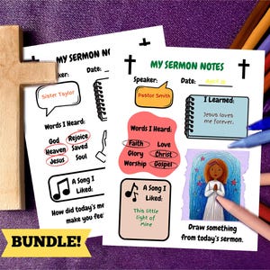 May include: Two printable sermon note pages with a cross at the top. The pages have sections for the speaker, date, words heard, a song liked, and a section to draw something from the sermon. The text on the pages includes "My Sermon Notes", "Sister Taylor", "Pastor Smith", "I Learned: Jesus loves me forever", "This little light of mine", and "Draw something from today's sermon".