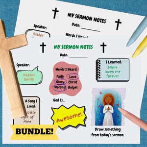 Puede incluir: Una cruz de madera descansa sobre un papel blanco con notas de sermón e ilustraciones. Las notas incluyen indicaciones para el orador, la fecha y las palabras escuchadas. También son visibles lápices de colores y la palabra "BUNDLE!"