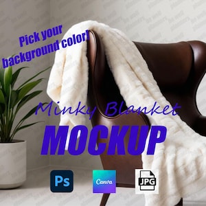 May include: A white faux fur blanket draped over a brown leather armchair. The text "Pick your background color!" and "Minky Blanket MOCKUP" is displayed in blue text. The text "Ps", "Canva", and "JPG" are displayed in white text on colored squares.
