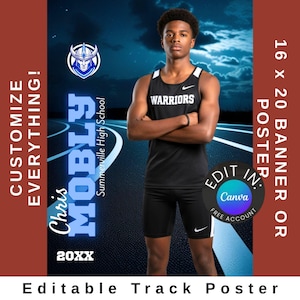 May include: A track and field poster featuring a young athlete in a black uniform with the word "WARRIORS". The poster includes the text "Chris Mobly" and "Summerville High School". The poster is customizable and editable in Canva.
