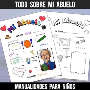 May include: A printable worksheet for kids to learn about their grandfather. The worksheet has a picture of a man with glasses and a space to write his name, favorite color, and other details. The worksheet also has a space for a photo and a place to write a message.