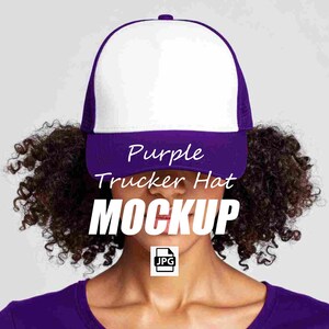 May include: A purple and white trucker hat with the text "Purple Trucker Hat MOCKUP" in white. The hat has a white front panel and a purple brim and mesh back. The image also includes a small JPG icon.