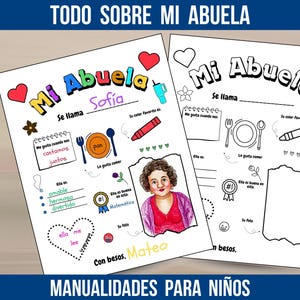 May include: A printable worksheet for kids to learn about their grandmother. The worksheet has a colorful design with hearts, flowers, and a picture of a woman. It includes prompts for the child to fill in information about their grandmother, such as her name, favorite color, and what they like to do together.