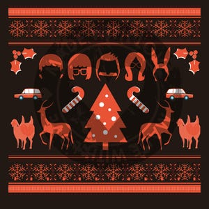 May include: A black and orange Christmas-themed graphic design featuring cartoon character heads, a Christmas tree, reindeer, and other holiday elements. The design has a distressed, vintage look, with snowflake and holly patterns.