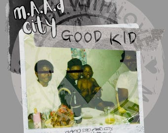 May include: A vintage-style graphic featuring a family photo within a polaroid frame. The image includes text that reads "m.A.A.d city GOOD KID" and "GOOD KID, m.A.A.d city A SHORT FILM BY KENDRICK LAMAR". The background is a faded gray.