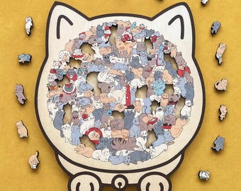 Puzzle in legno a forma di gatto, colori Morandi, 135 pezzi