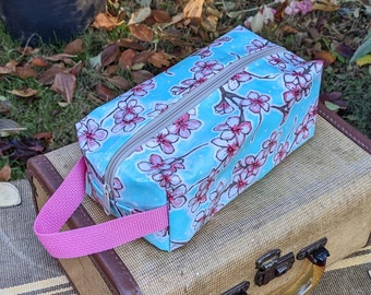Oilcloth Toiletry/Travel Bag Cherry Blossoms on Aqua Dopp Kit