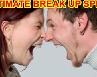 May include: Image features two people, a woman and a man, facing each other with their mouths wide open in a scream. The text "ULTIMATE BREAK UP SPELL" is displayed in a yellow banner at the top of the image.