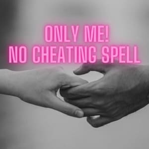 May include: A monochrome image showing two hands holding each other. Above the hands, the text "ONLY ME! NO CHEATING SPELL" is written in bright pink neon lettering.