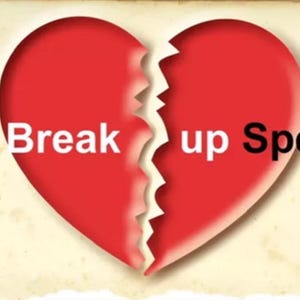 May include: A red heart split in two, with the words "Break up Spell" in white and black text. The image is set against a vintage, textured background, suggesting an old paper or parchment.