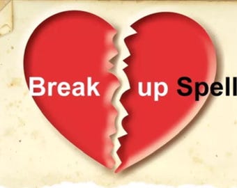 May include: A red heart split in two, with the words "Break up Spell" in white and black text. The image is set against a vintage, textured background, suggesting an old paper or parchment.