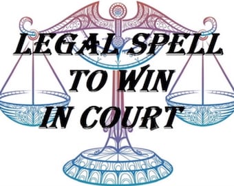 May include: An image featuring a stylized illustration of a balance scale with the text "LEGAL SPELL TO WIN IN COURT". The scale is in shades of blue, purple, and white, with ornate detailing. The text is in a bold, black font.