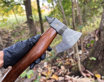 Hand-Forged Damascus Steel Axe: Rosewood Handle, USA Made