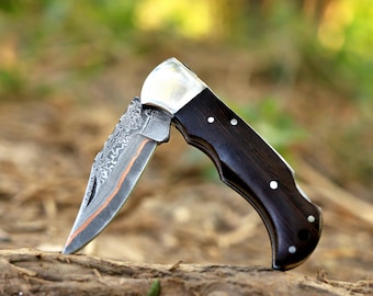 Copper Damascus Folding Knife, Wooden Handle Pocket Knife, Christmas Gift