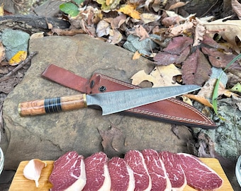 Personalized Damascus Chef Knife: Engraved Kitchen Knife, Leather Sheath
