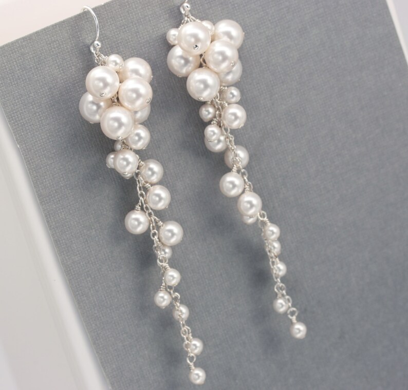Long pearl Cluster Earrings Statement Bridal Earrings Etsy