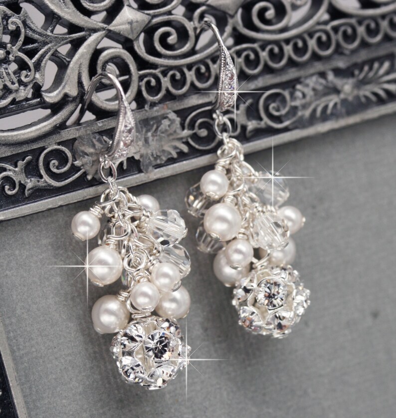 Wedding Earrings Rhinestone Bridal Jewelry Pearl Cluster Etsy