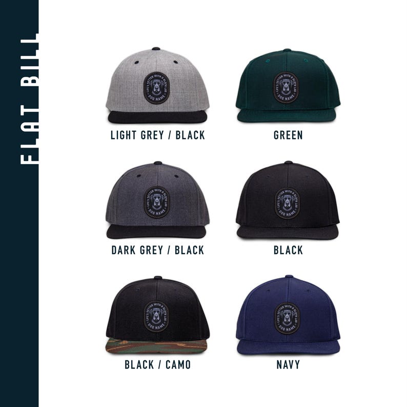 May include: Five different color variations of a flat bill baseball cap with a black and white dog graphic and the text "Lived With A Canine" in a circle. The caps are available in light grey with a black bill, dark grey with a black bill, black with a black bill, black with a camo bill, and navy blue with a navy blue bill.