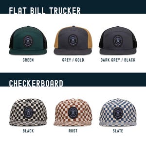 May include: Six trucker hats with different color combinations and checkerboard patterns. The hats have a flat bill and a mesh back. The hats are all embroidered with a dog logo that says "Little Dog Mama".