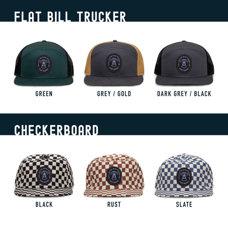 May include: Six trucker hats with different color combinations and checkerboard patterns. The hats have a flat bill and a mesh back. The hats are all embroidered with a dog logo that says "Little Dog Mama".